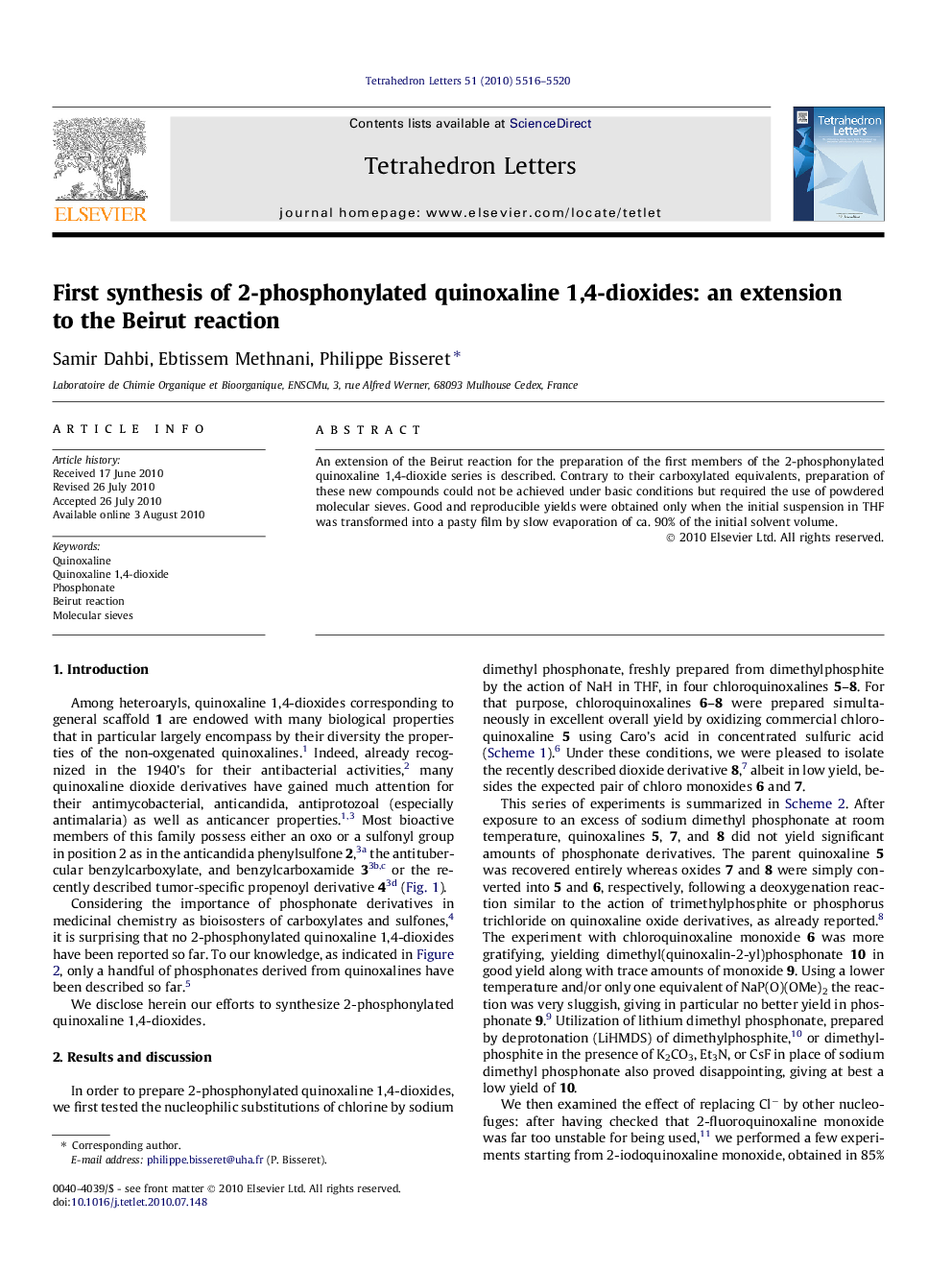 First synthesis of 2-phosphonylated quinoxaline 1,4-dioxides: an extension to the Beirut reaction