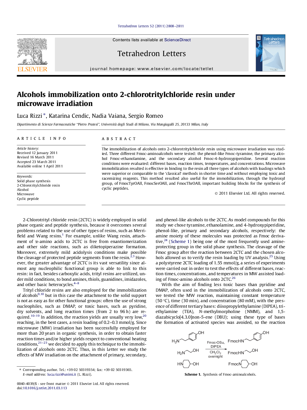 Alcohols immobilization onto 2-chlorotritylchloride resin under microwave irradiation