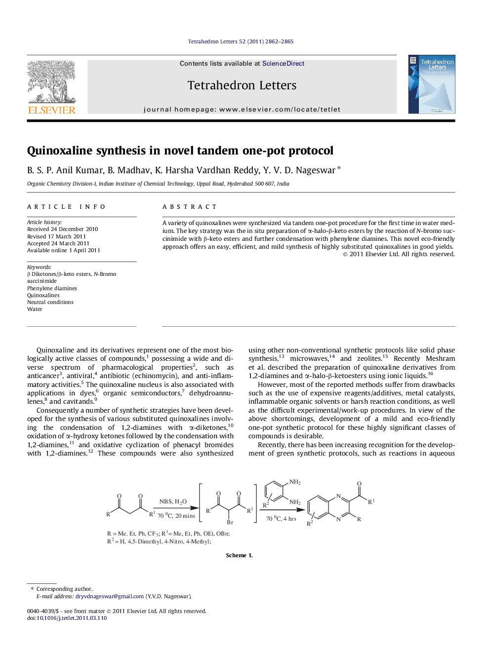 عکس صفحه اول مقاله: Quinoxaline synthesis in novel tandem one-pot protocol Quinoxaline synthesis in novel tandem one-pot protocol