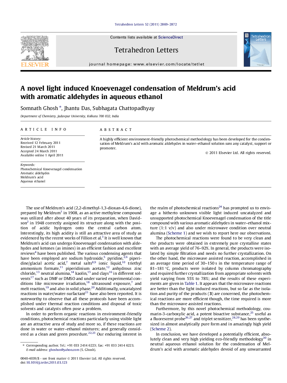 A novel light induced Knoevenagel condensation of Meldrum's acid with aromatic aldehydes in aqueous ethanol