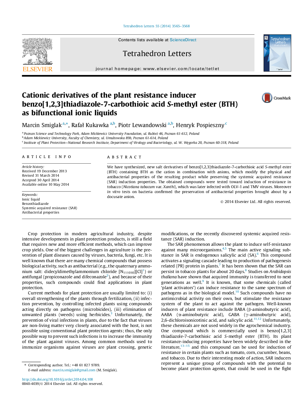 Cationic derivatives of the plant resistance inducer benzo[1,2,3]thiadiazole-7-carbothioic acid S-methyl ester (BTH) as bifunctional ionic liquids