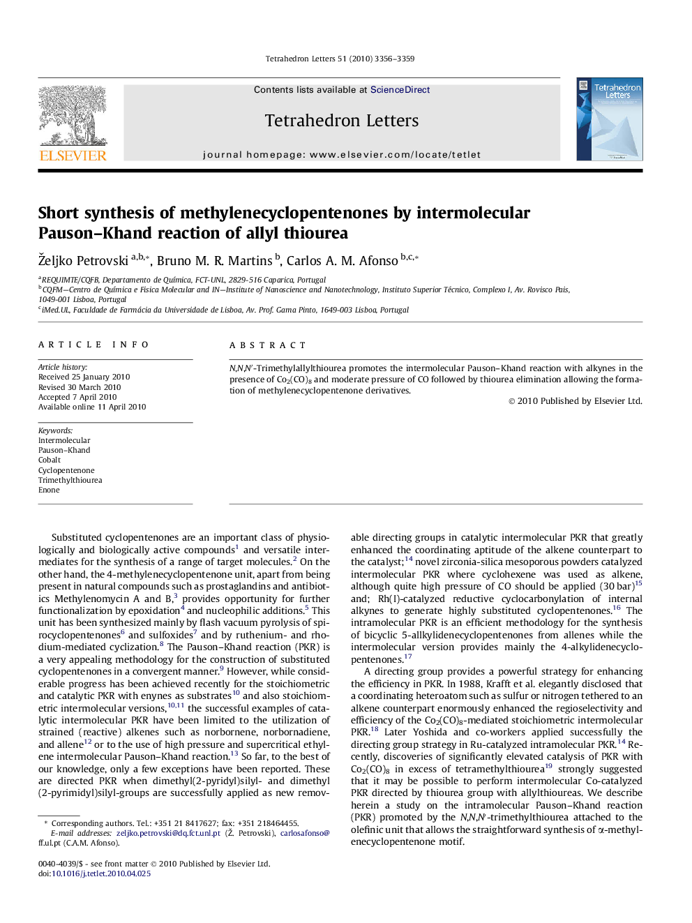 Short synthesis of methylenecyclopentenones by intermolecular Pauson-Khand reaction of allyl thiourea