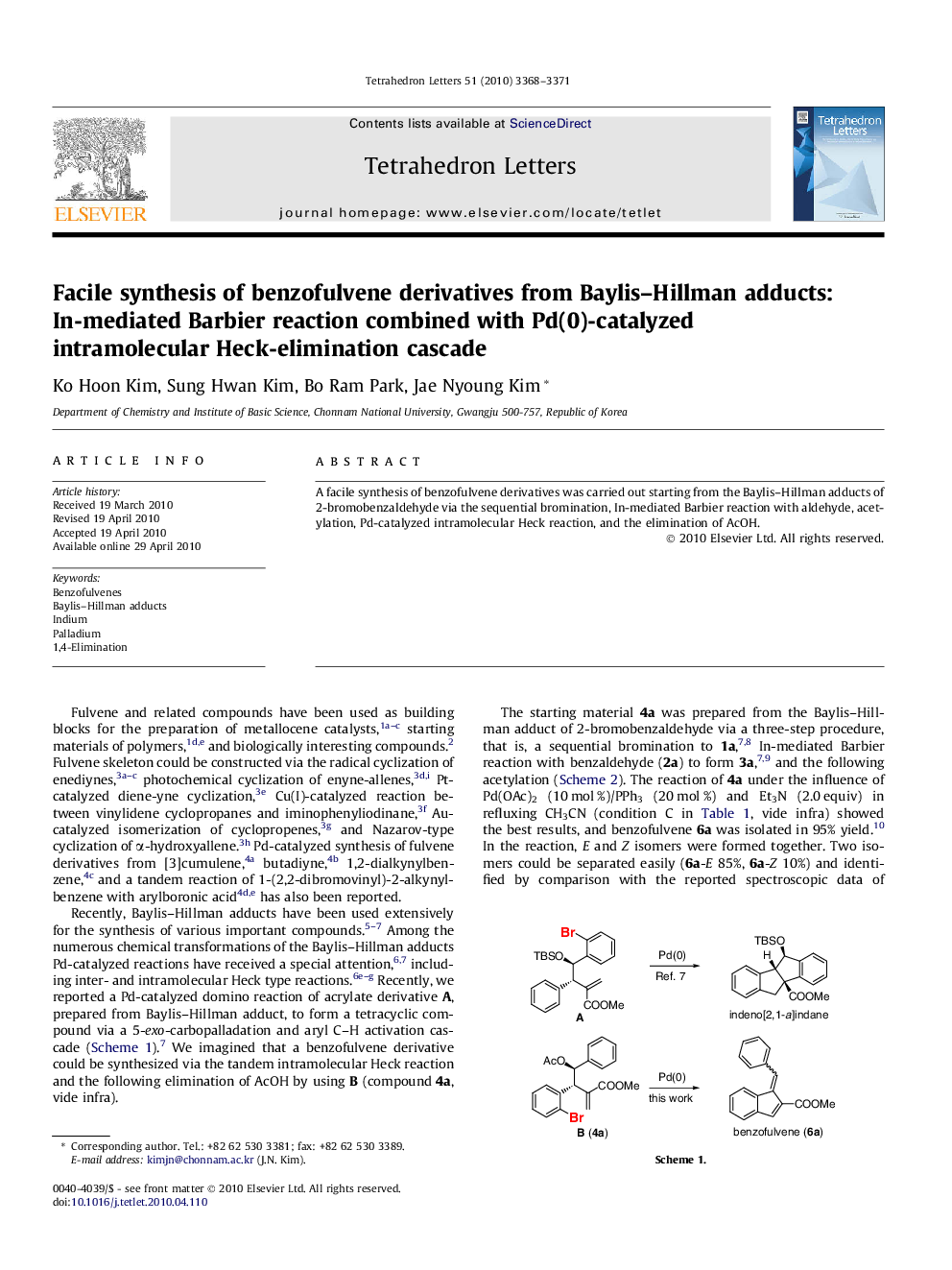 Facile synthesis of benzofulvene derivatives from Baylis-Hillman adducts: In-mediated Barbier reaction combined with Pd(0)-catalyzed intramolecular Heck-elimination cascade