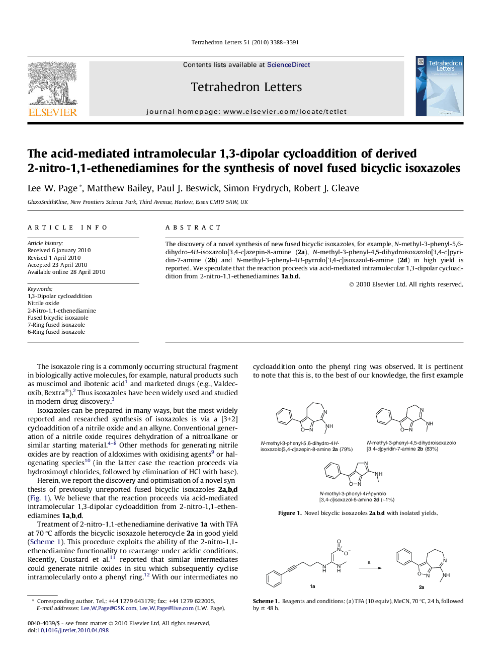 The acid-mediated intramolecular 1,3-dipolar cycloaddition of derived 2-nitro-1,1-ethenediamines for the synthesis of novel fused bicyclic isoxazoles