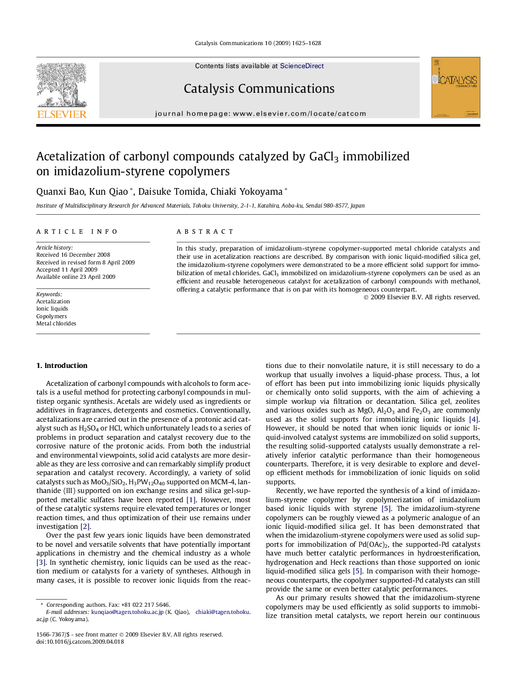 Acetalization of carbonyl compounds catalyzed by GaCl3 immobilized on imidazolium-styrene copolymers