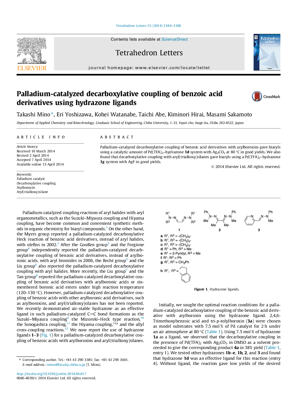 Palladium-catalyzed decarboxylative coupling of benzoic acid derivatives using hydrazone ligands
