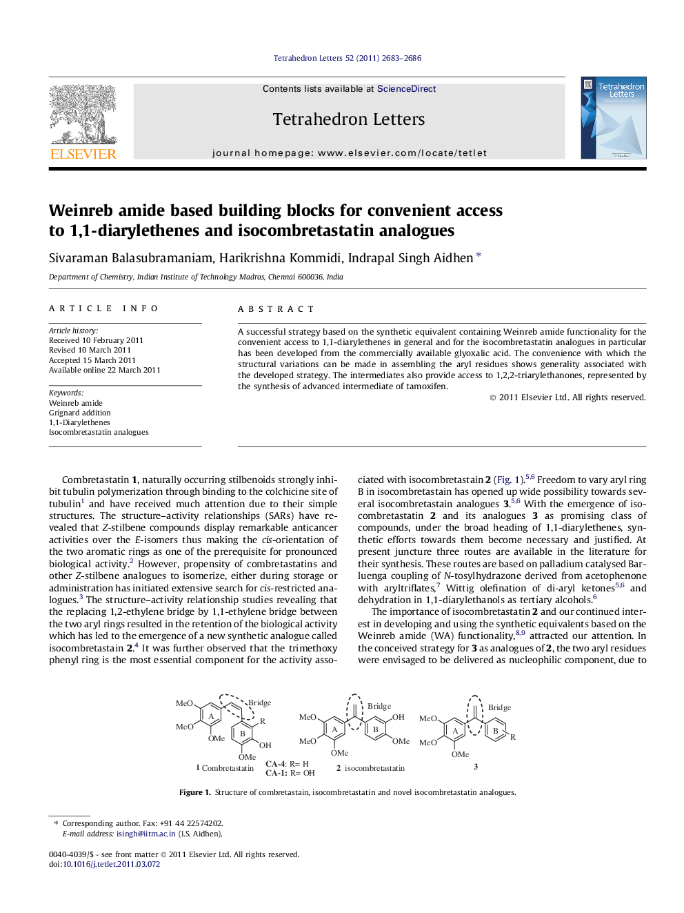 Weinreb amide based building blocks for convenient access to 1,1-diarylethenes and isocombretastatin analogues