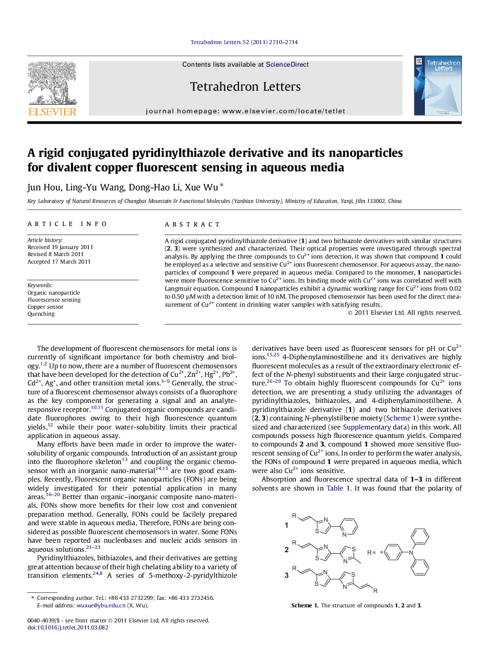 A rigid conjugated pyridinylthiazole derivative and its nanoparticles for divalent copper fluorescent sensing in aqueous media