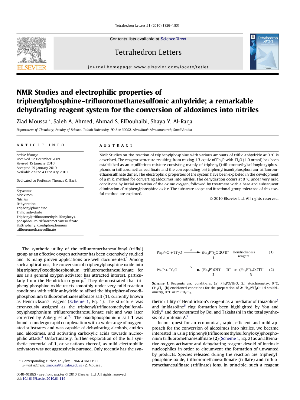 عکس صفحه اول مقاله: NMR Studies and electrophilic properties of triphenylphosphine-trifluoromethanesulfonic anhydride; a remarkable dehydrating reagent system for the conversion of aldoximes into nitriles NMR Studies and electrophilic properties of triphenylphosphine-trifluoromethanesulfonic anhydride; a remarkable dehydrating reagent system for the conversion of aldoximes into nitriles