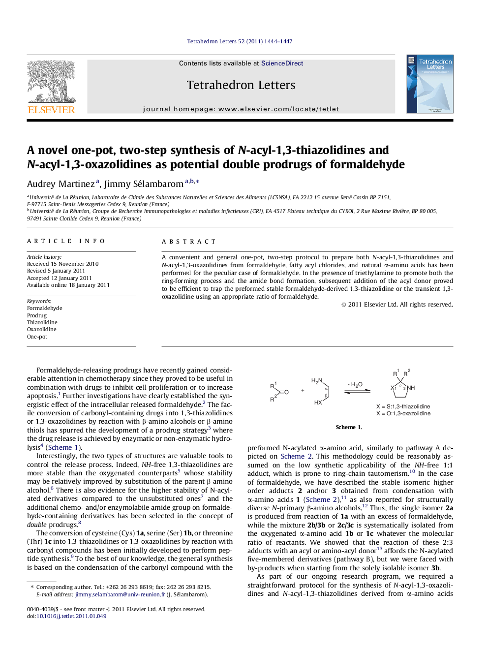 A novel one-pot, two-step synthesis of N-acyl-1,3-thiazolidines and N-acyl-1,3-oxazolidines as potential double prodrugs of formaldehyde