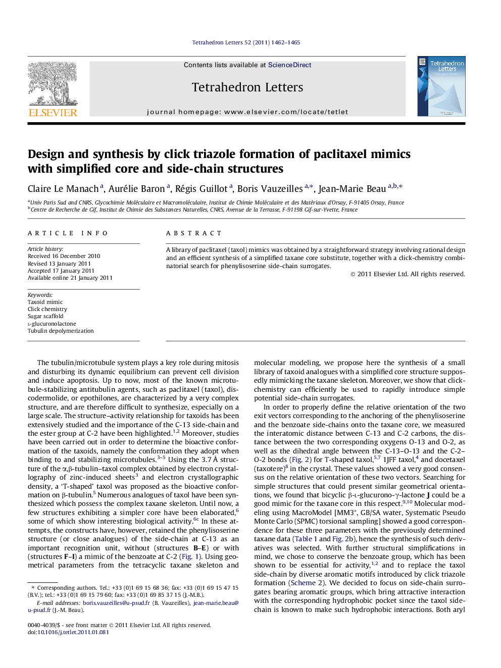 Design and synthesis by click triazole formation of paclitaxel mimics with simplified core and side-chain structures