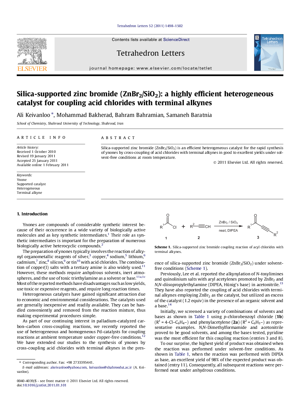 Silica-supported zinc bromide (ZnBr2/SiO2): a highly efficient heterogeneous catalyst for coupling acid chlorides with terminal alkynes