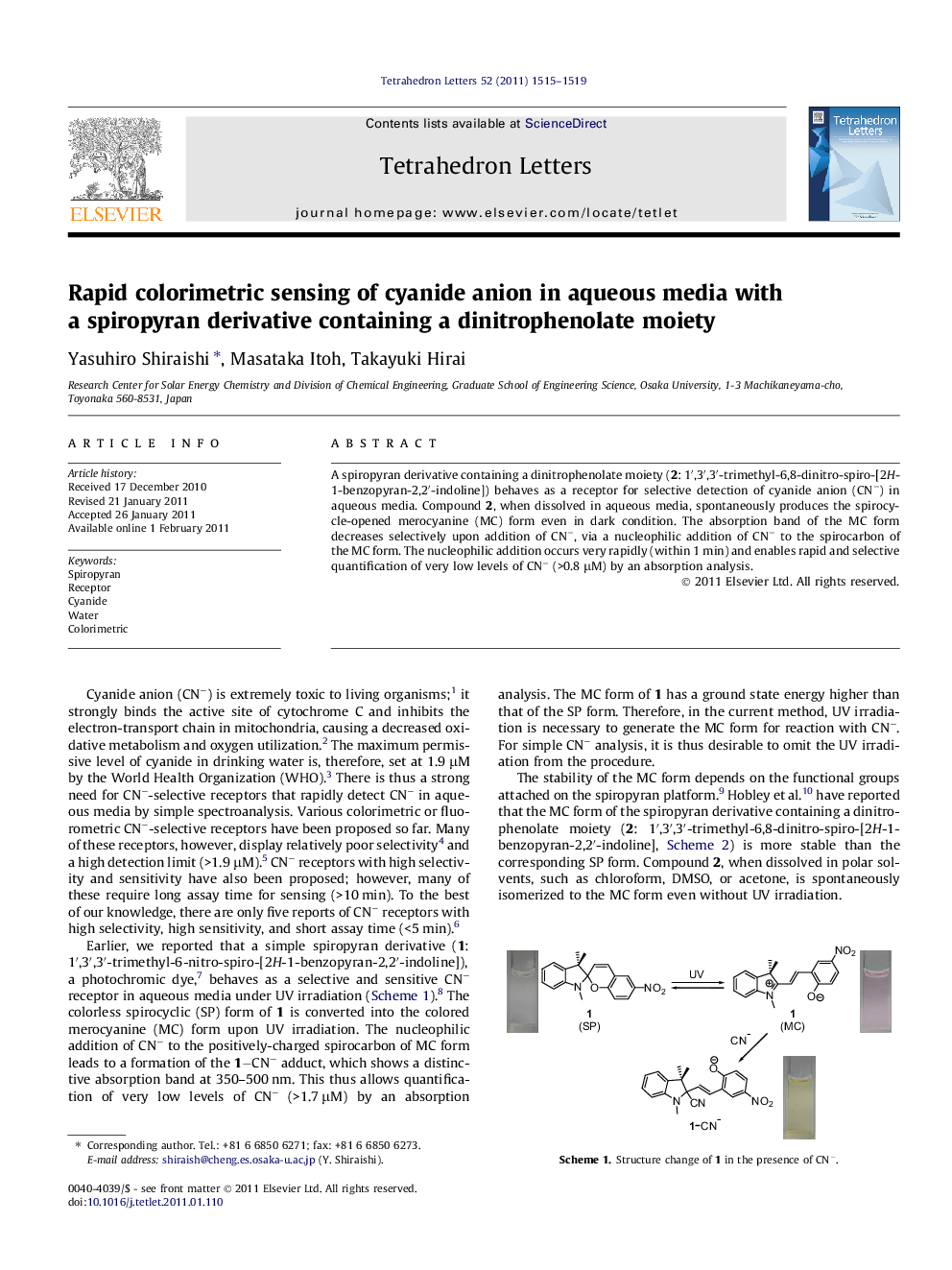 Rapid colorimetric sensing of cyanide anion in aqueous media with a spiropyran derivative containing a dinitrophenolate moiety