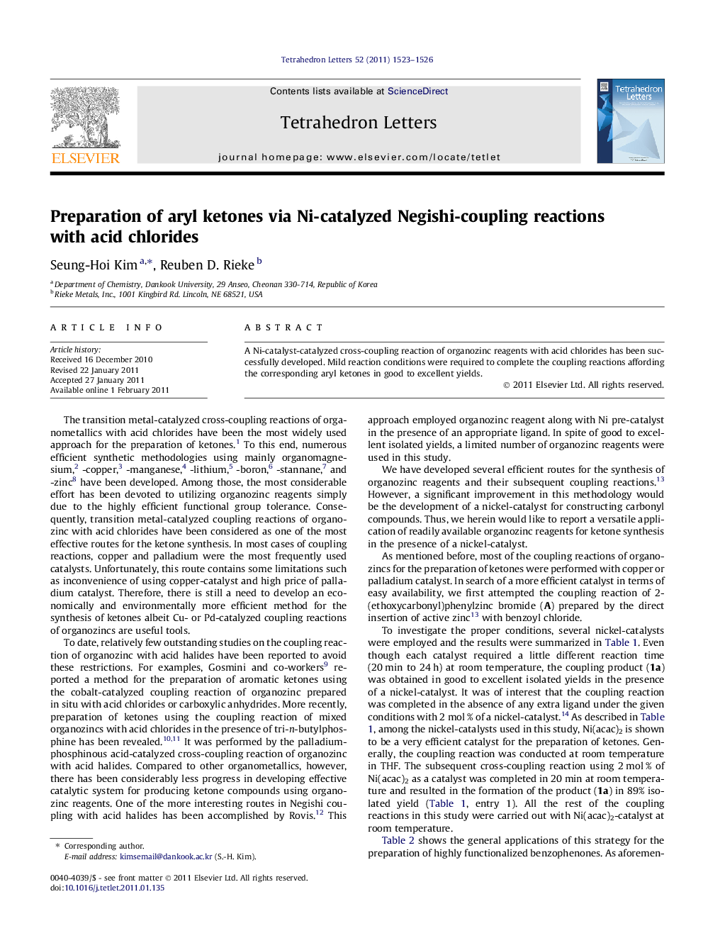 Preparation of aryl ketones via Ni-catalyzed Negishi-coupling reactions with acid chlorides