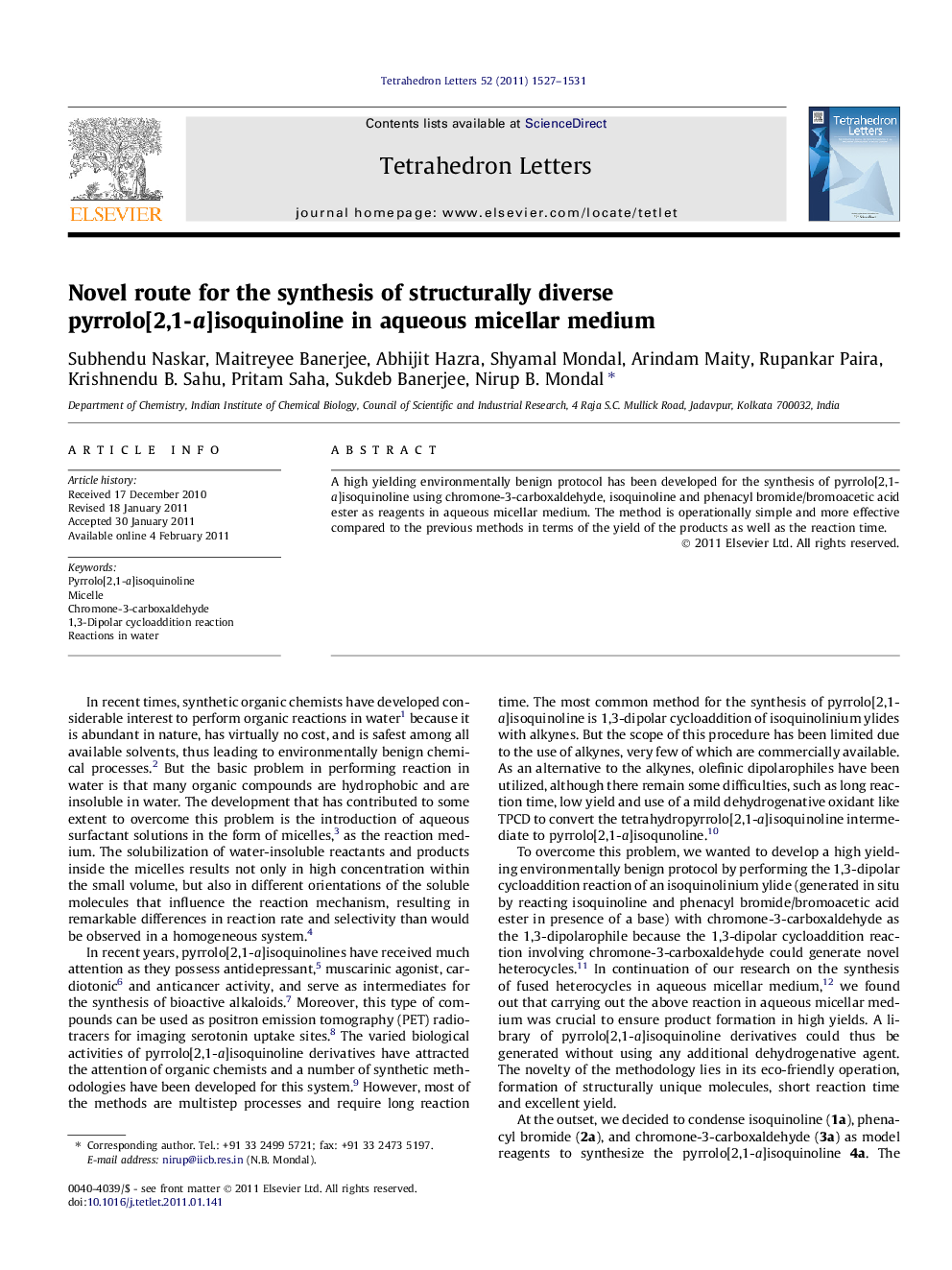 Novel route for the synthesis of structurally diverse pyrrolo[2,1-a]isoquinoline in aqueous micellar medium