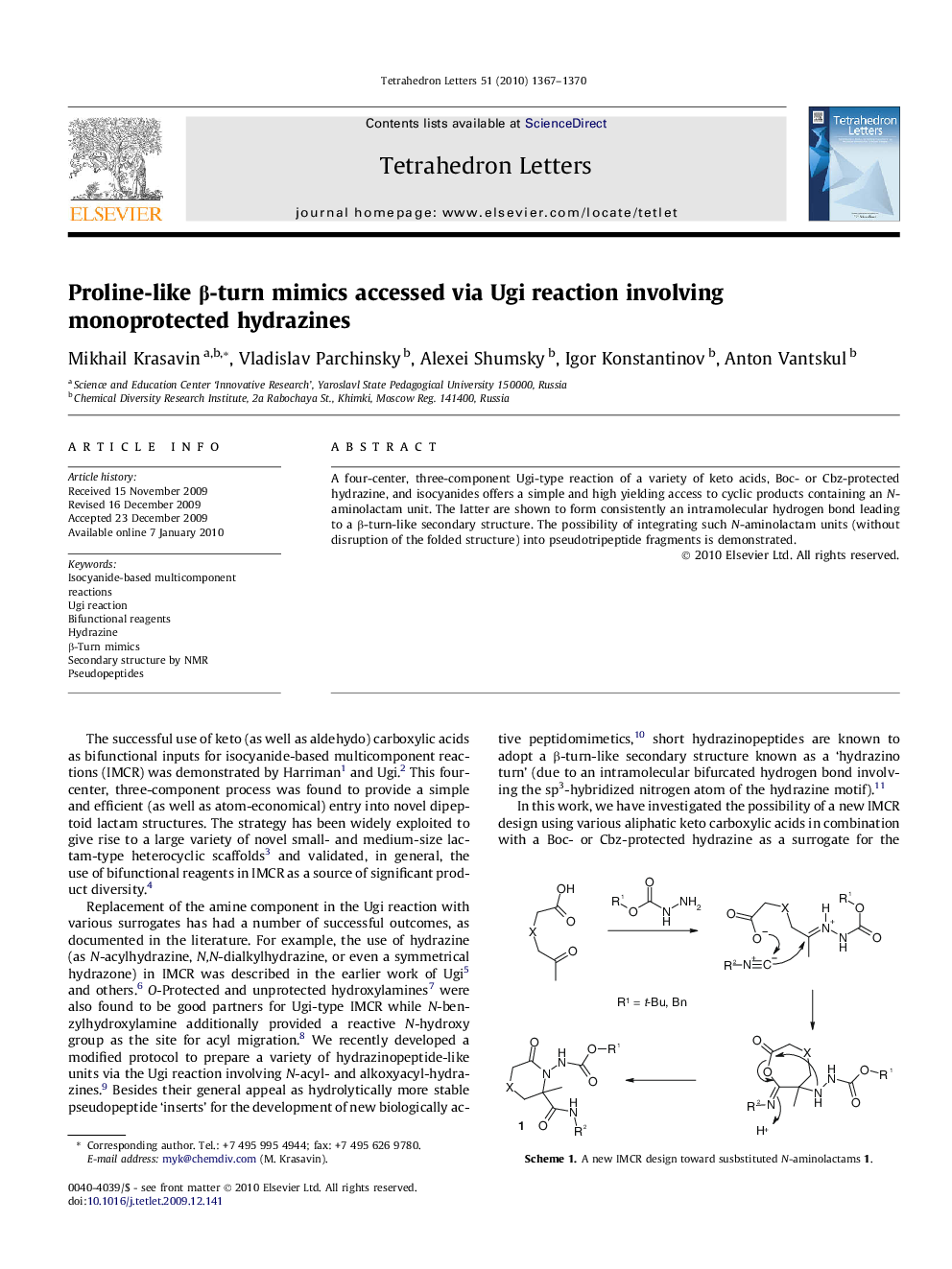 Proline-like Î²-turn mimics accessed via Ugi reaction involving monoprotected hydrazines