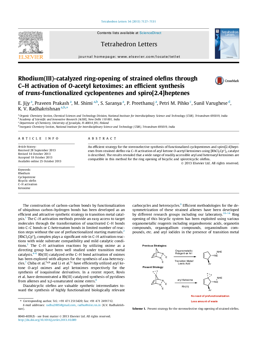 Rhodium(III)-catalyzed ring-opening of strained olefins through C–H activation of O-acetyl ketoximes: an efficient synthesis of trans-functionalized cyclopentenes and spiro[2.4]heptenes