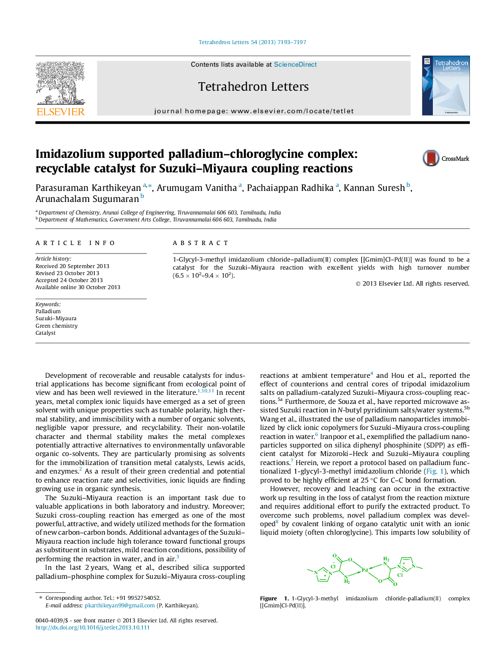 Imidazolium supported palladium–chloroglycine complex: recyclable catalyst for Suzuki–Miyaura coupling reactions