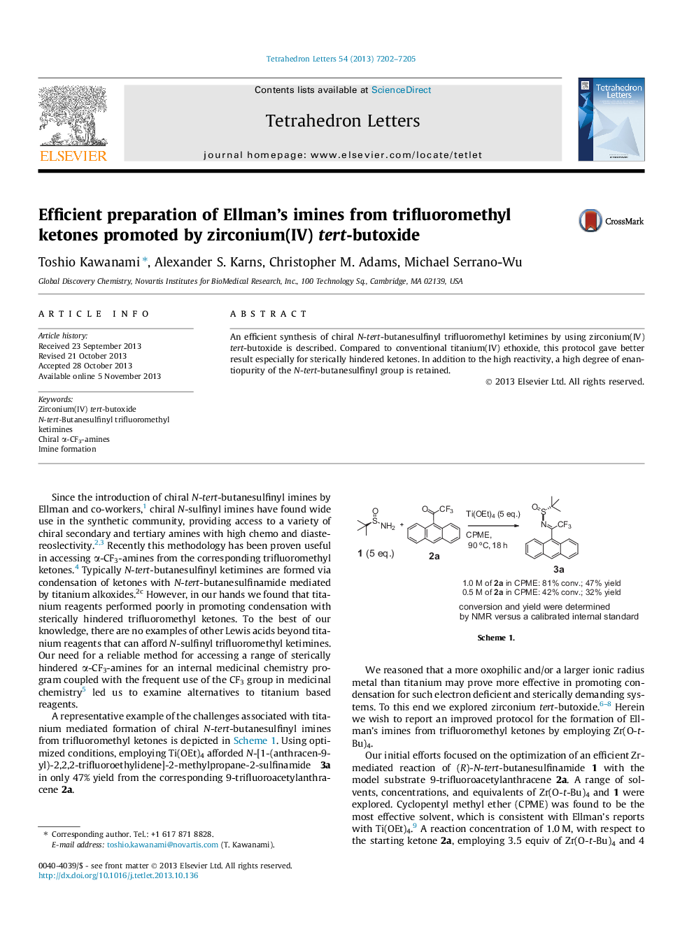 Efficient preparation of Ellman's imines from trifluoromethyl ketones promoted by zirconium(IV) tert-butoxide