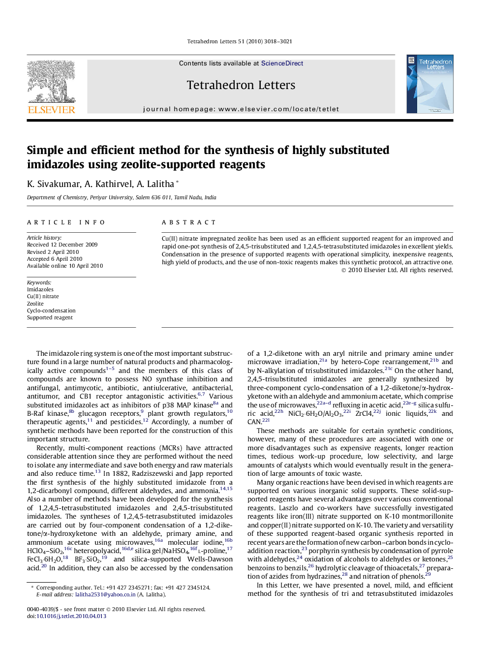 Simple and efficient method for the synthesis of highly substituted imidazoles using zeolite-supported reagents