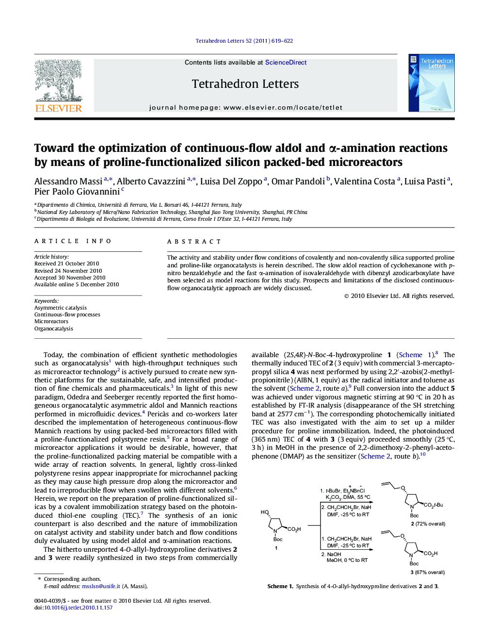 Toward the optimization of continuous-flow aldol and Î±-amination reactions by means of proline-functionalized silicon packed-bed microreactors
