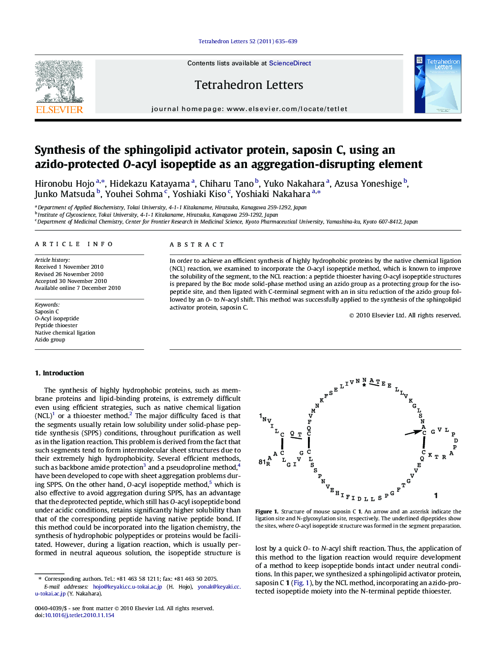 Synthesis of the sphingolipid activator protein, saposin C, using an azido-protected O-acyl isopeptide as an aggregation-disrupting element