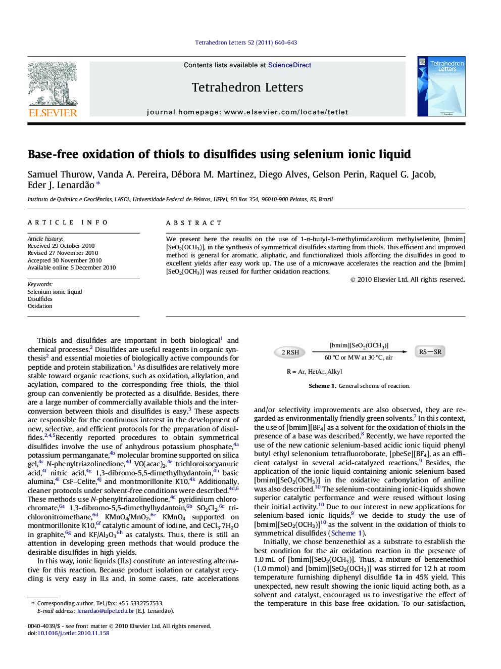 Base-free oxidation of thiols to disulfides using selenium ionic liquid