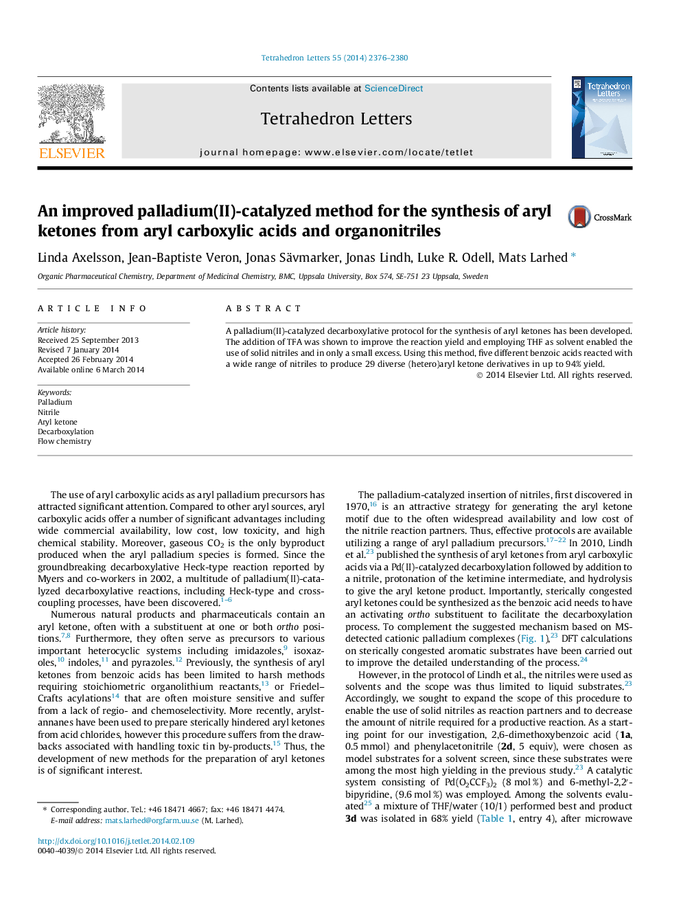 عکس صفحه اول مقاله: An improved palladium(II)-catalyzed method for the synthesis of aryl ketones from aryl carboxylic acids and organonitriles An improved palladium(II)-catalyzed method for the synthesis of aryl ketones from aryl carboxylic acids and organonitriles