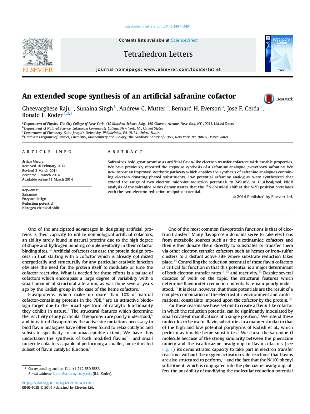 An extended scope synthesis of an artificial safranine cofactor