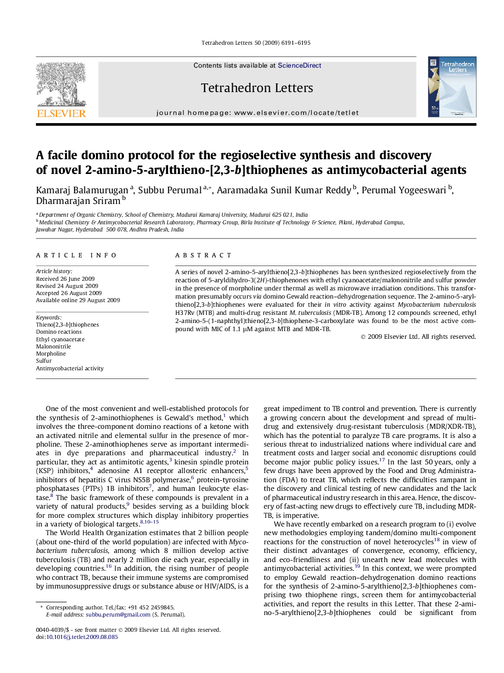 A facile domino protocol for the regioselective synthesis and discovery of novel 2-amino-5-arylthieno-[2,3-b]thiophenes as antimycobacterial agents