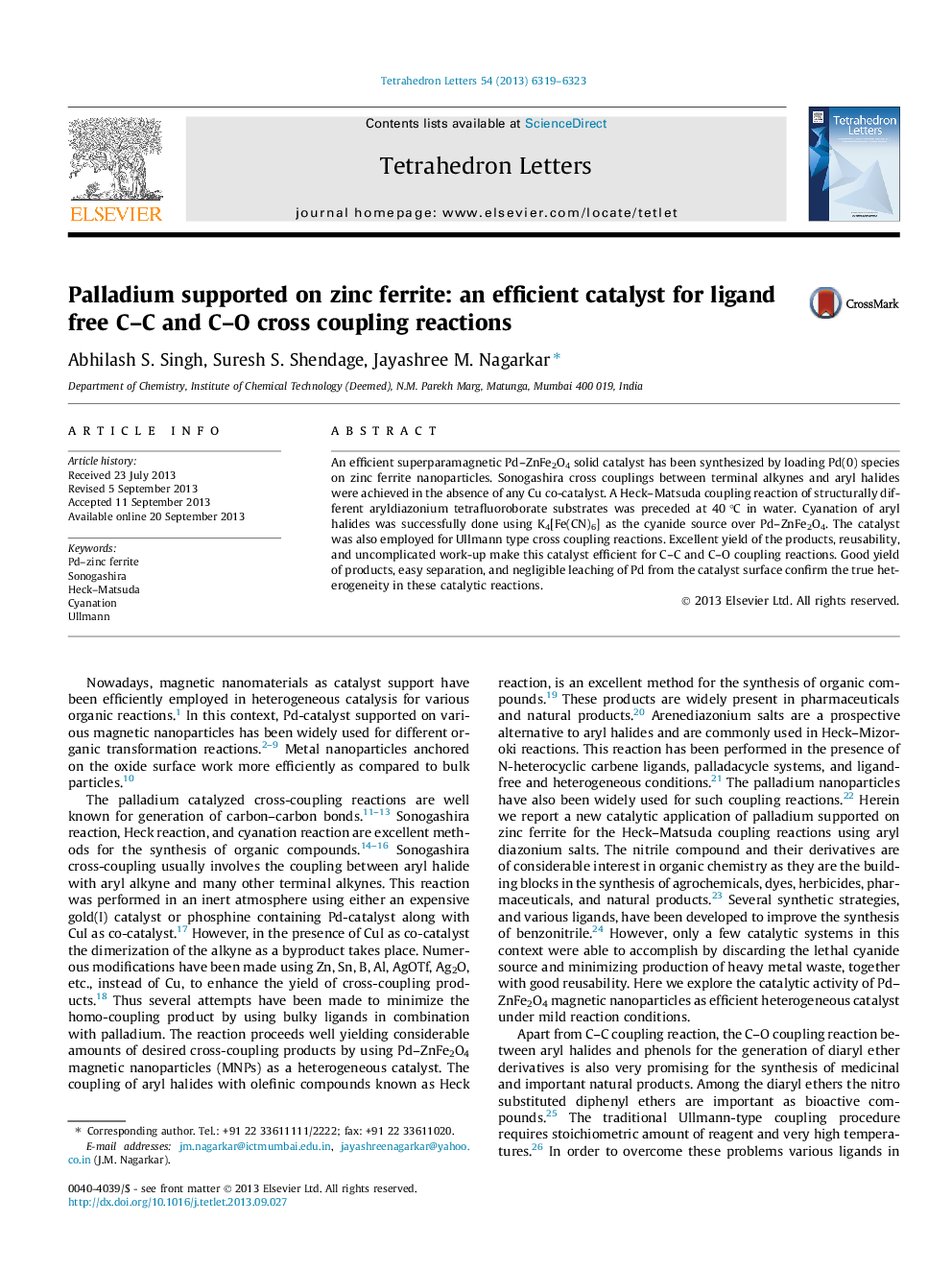 Palladium supported on zinc ferrite: an efficient catalyst for ligand free C-C and C-O cross coupling reactions