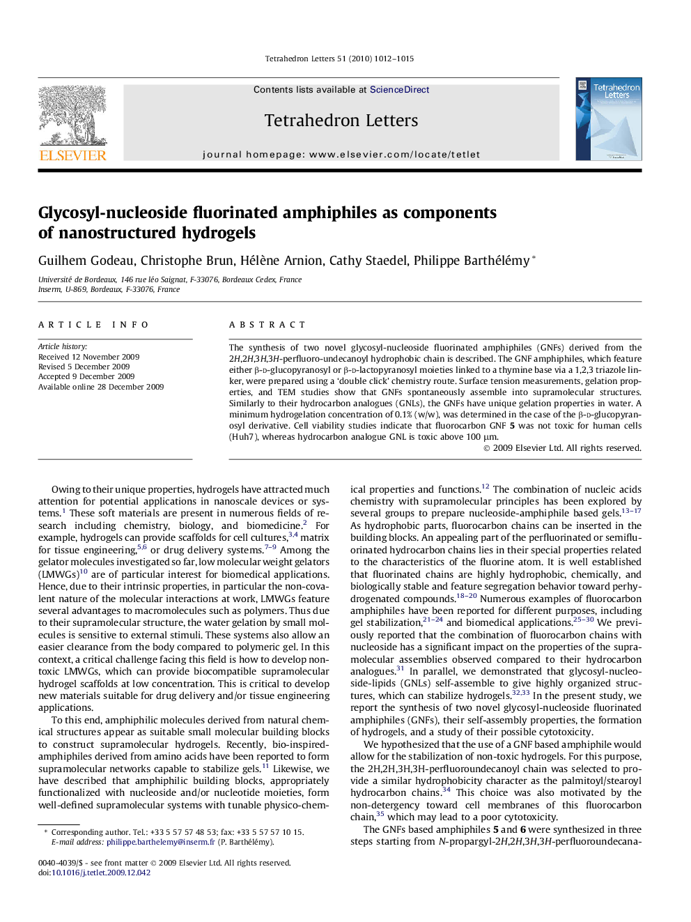 Glycosyl-nucleoside fluorinated amphiphiles as components of nanostructured hydrogels