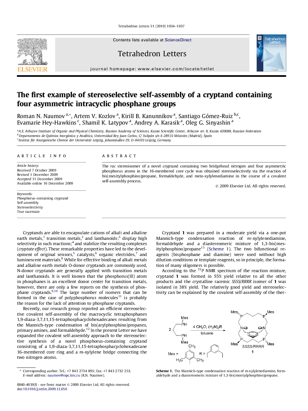 عکس صفحه اول مقاله: The first example of stereoselective self-assembly of a cryptand containing four asymmetric intracyclic phosphane groups The first example of stereoselective self-assembly of a cryptand containing four asymmetric intracyclic phosphane groups