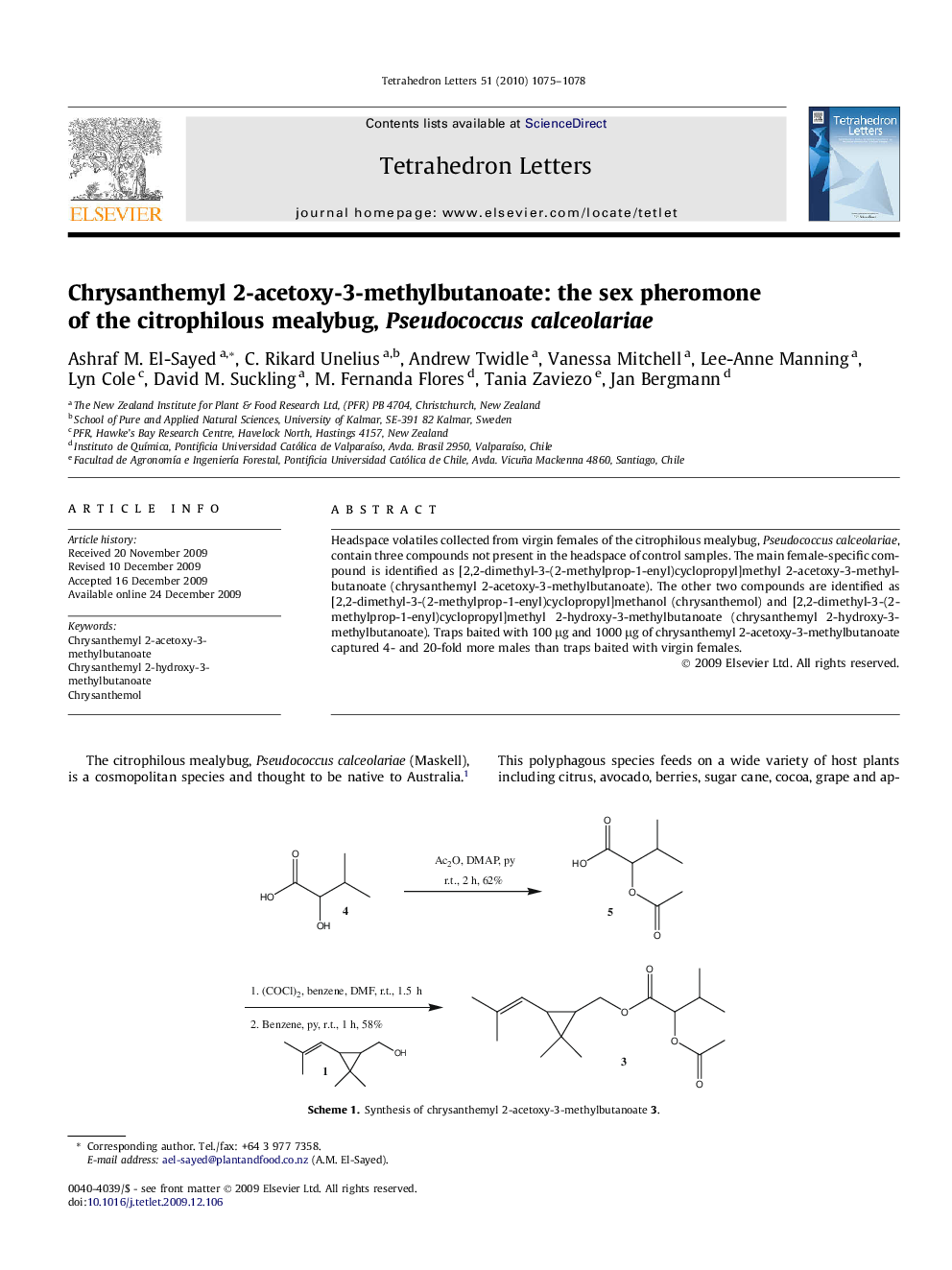 عکس صفحه اول مقاله: Chrysanthemyl 2-acetoxy-3-methylbutanoate: the sex pheromone of the citrophilous mealybug, Pseudococcus calceolariae Chrysanthemyl 2-acetoxy-3-methylbutanoate: the sex pheromone of the citrophilous mealybug, Pseudococcus calceolariae