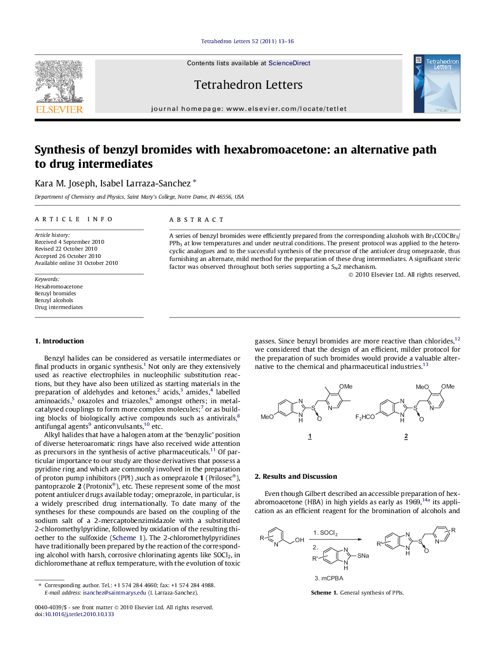 Synthesis of benzyl bromides with hexabromoacetone: an alternative path to drug intermediates