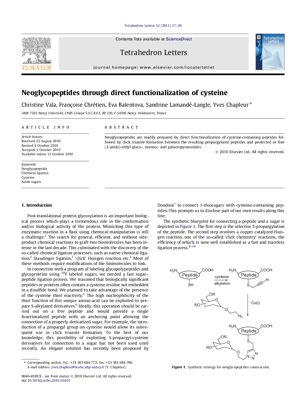 Neoglycopeptides through direct functionalization of cysteine