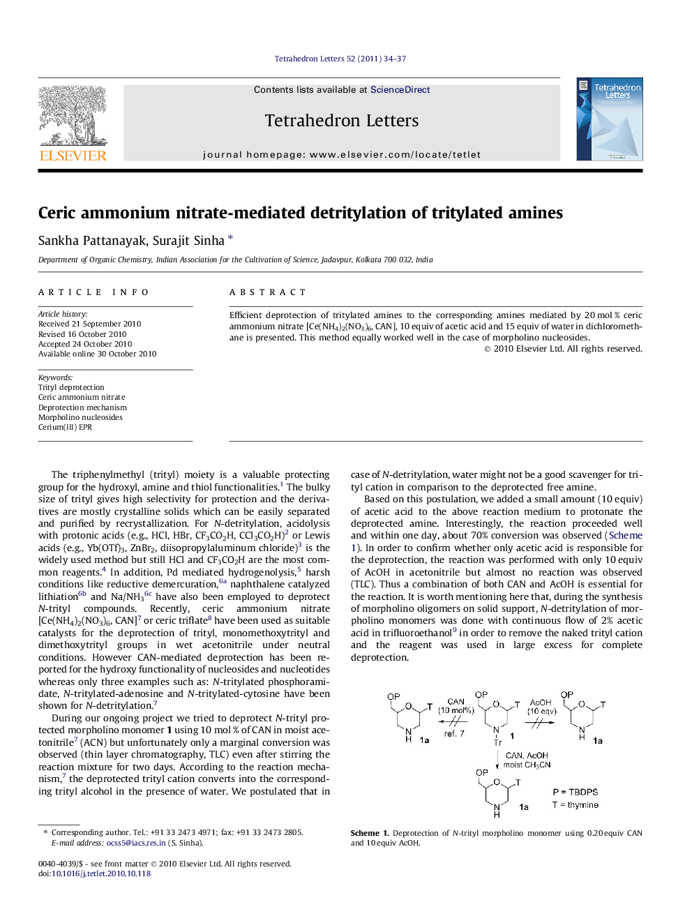 Ceric ammonium nitrate-mediated detritylation of tritylated amines