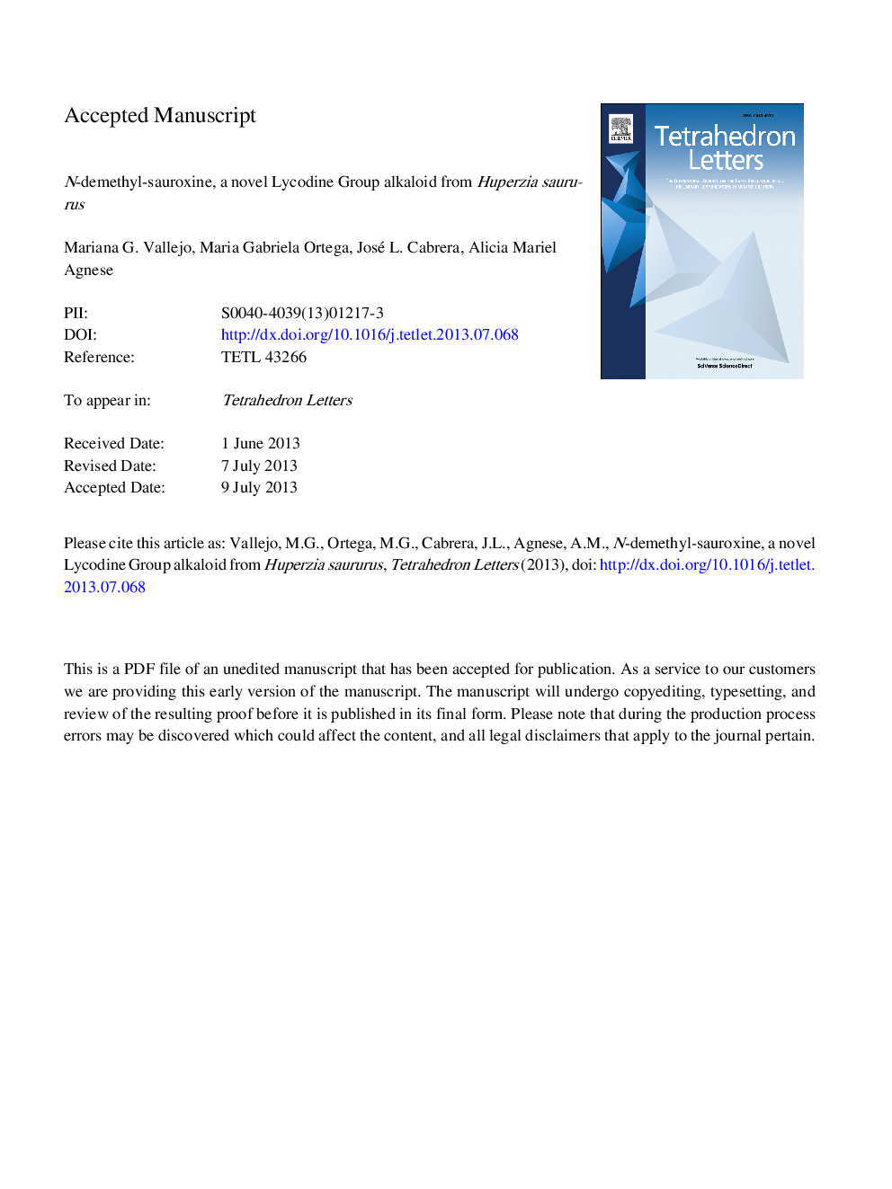 N-Demethyl-sauroxine, a novel Lycodine Group alkaloid from Huperzia saururus