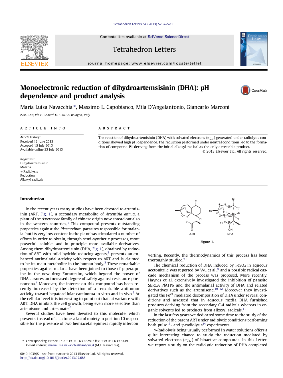 Monoelectronic reduction of dihydroartemsisinin (DHA): pH dependence and product analysis