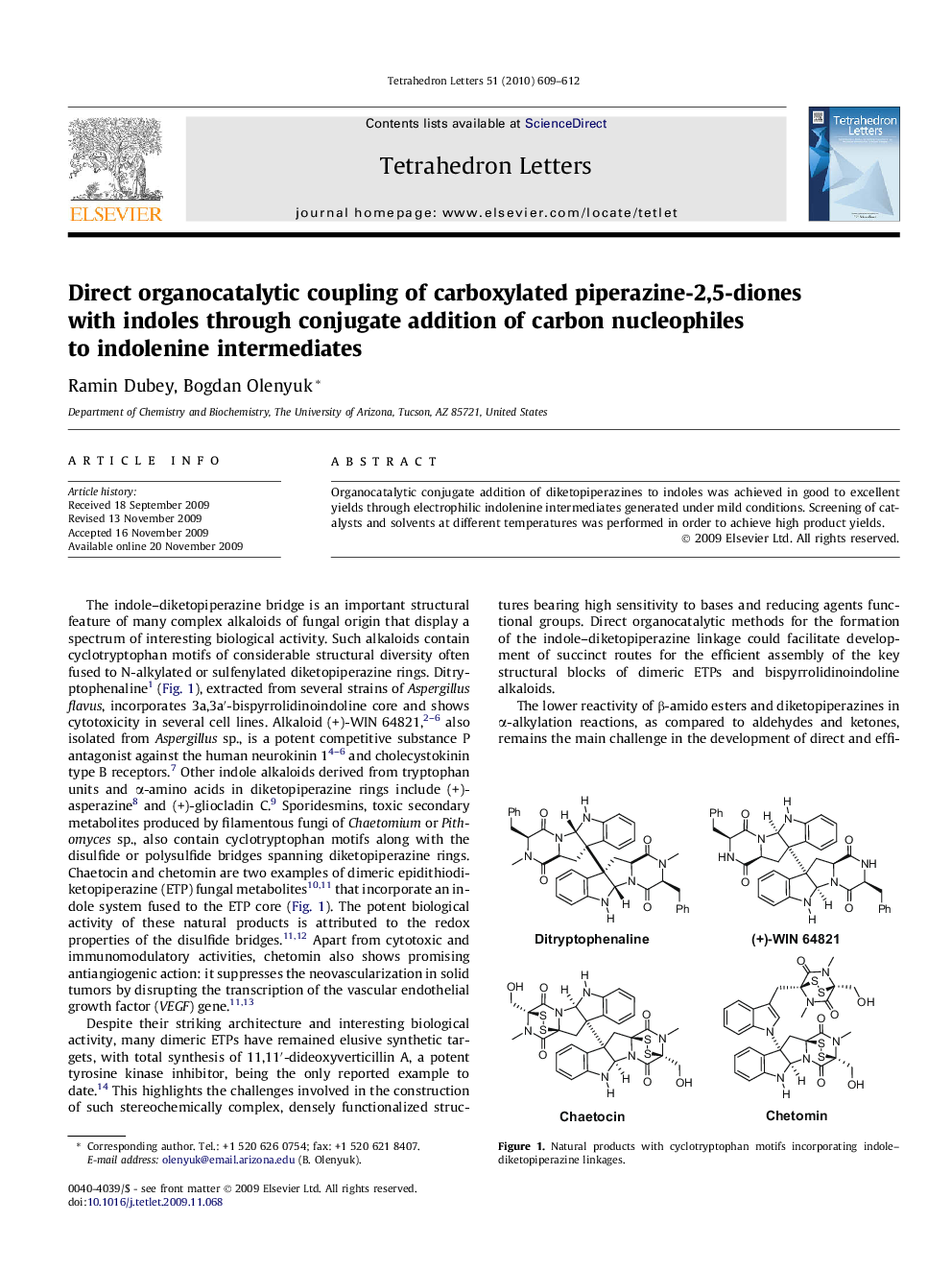 عکس صفحه اول مقاله: Direct organocatalytic coupling of carboxylated piperazine-2,5-diones with indoles through conjugate addition of carbon nucleophiles to indolenine intermediates Direct organocatalytic coupling of carboxylated piperazine-2,5-diones with indoles through conjugate addition of carbon nucleophiles to indolenine intermediates