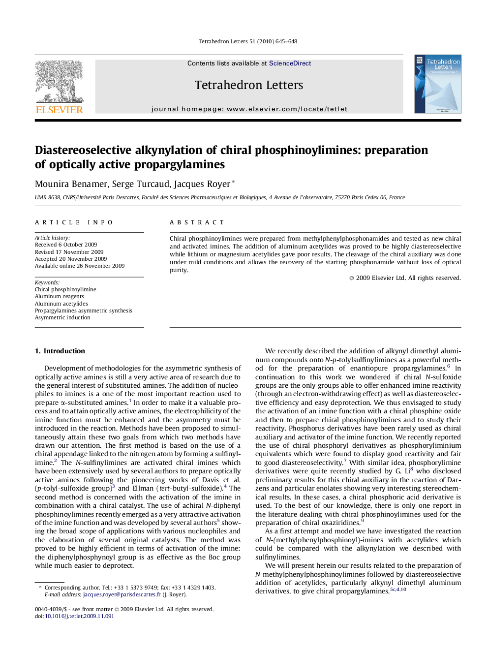 Diastereoselective alkynylation of chiral phosphinoylimines: preparation of optically active propargylamines