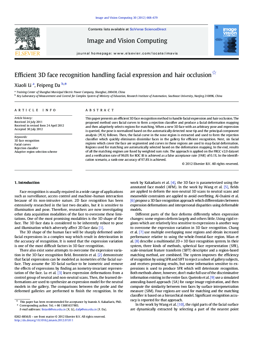 Efficient 3D face recognition handling facial expression and hair occlusion 