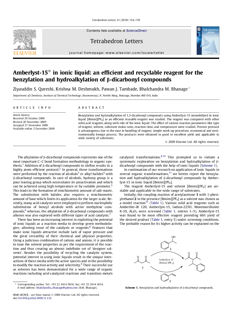 عکس صفحه اول مقاله: Amberlyst-15® in ionic liquid: an efficient and recyclable reagent for the benzylation and hydroalkylation of β-dicarbonyl compounds Amberlyst-15® in ionic liquid: an efficient and recyclable reagent for the benzylation and hydroalkylation of β-dicarbonyl compounds