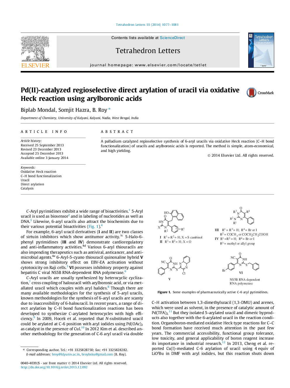 Pd(II)-catalyzed regioselective direct arylation of uracil via oxidative Heck reaction using arylboronic acids