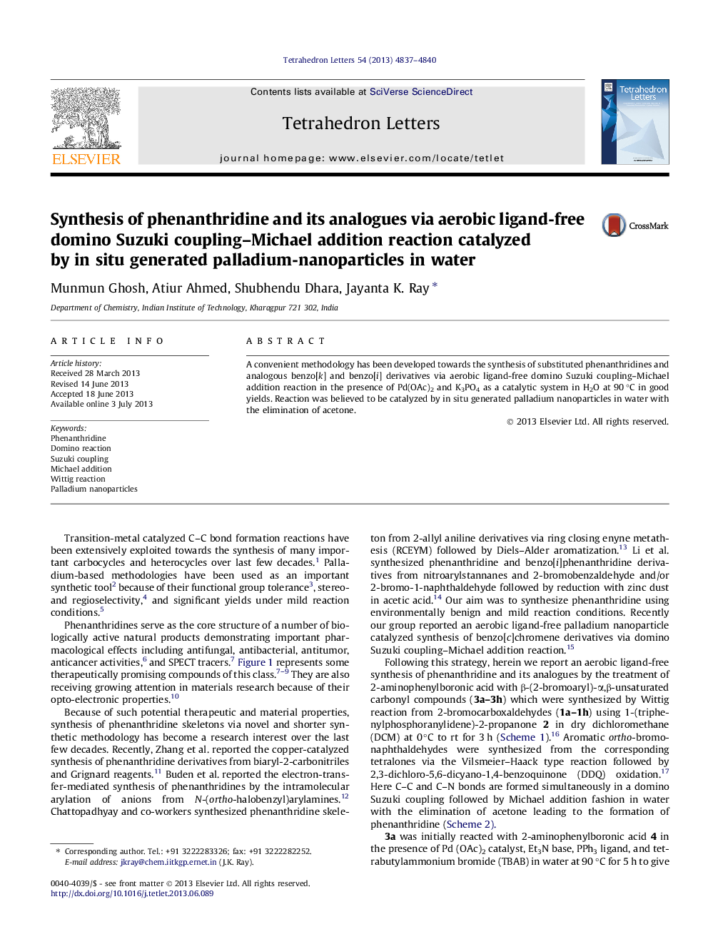 Synthesis of phenanthridine and its analogues via aerobic ligand-free domino Suzuki coupling-Michael addition reaction catalyzed by in situ generated palladium-nanoparticles in water