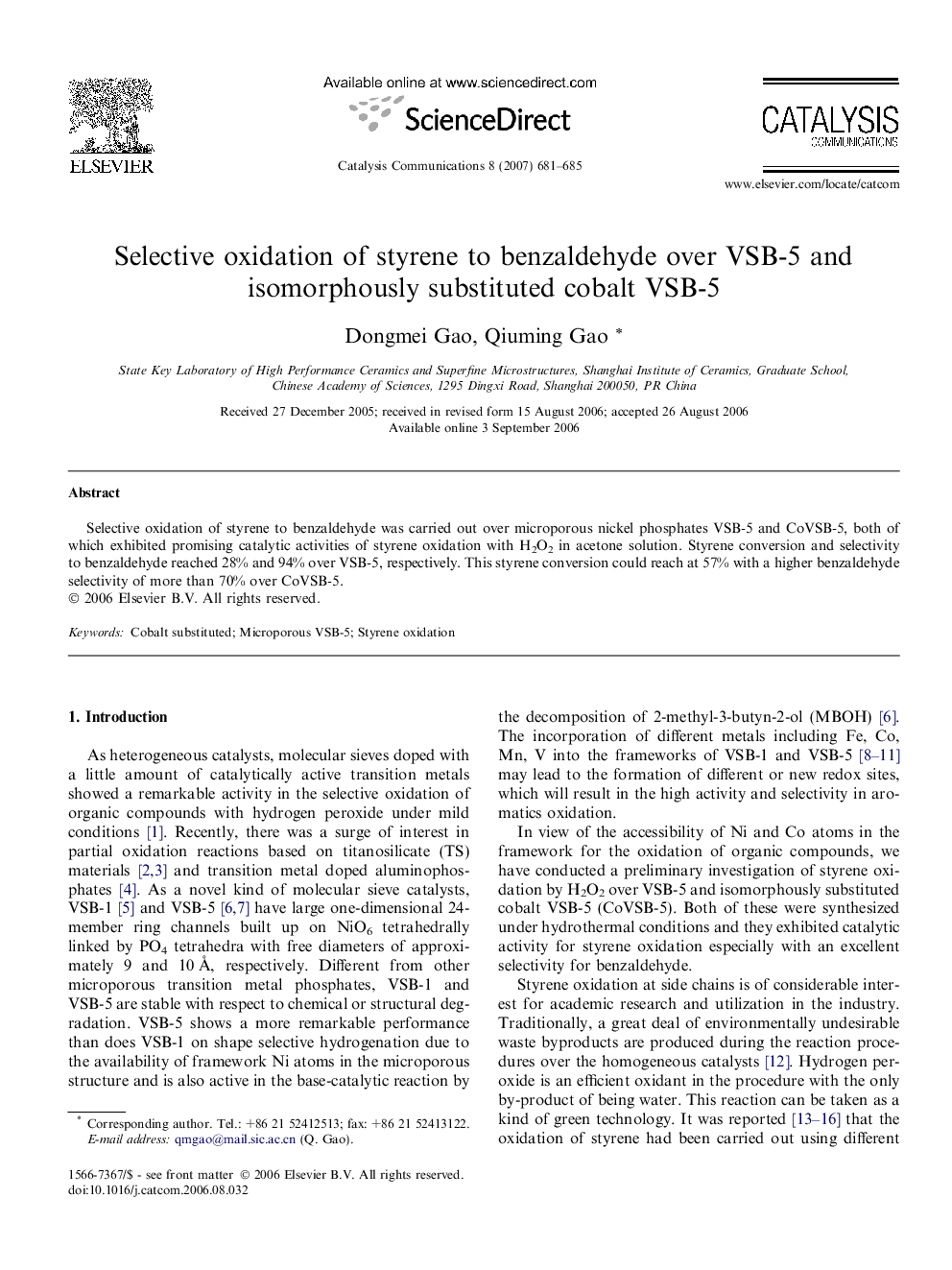 Selective oxidation of styrene to benzaldehyde over VSB-5 and isomorphously substituted cobalt VSB-5