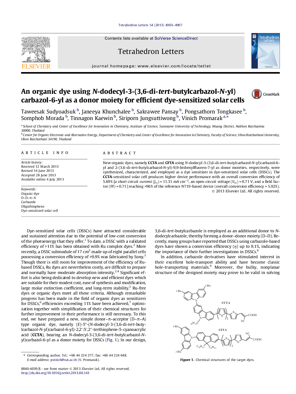 An organic dye using N-dodecyl-3-(3,6-di-tert-butylcarbazol-N-yl)carbazol-6-yl as a donor moiety for efficient dye-sensitized solar cells