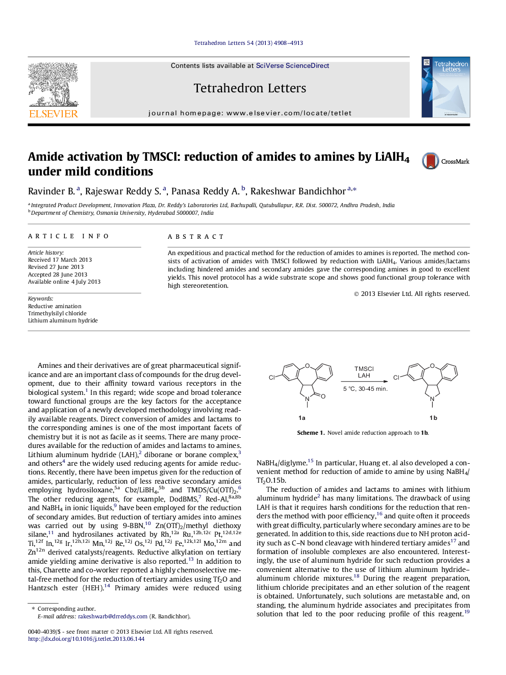 Amide activation by TMSCl: reduction of amides to amines by LiAlH4 under mild conditions