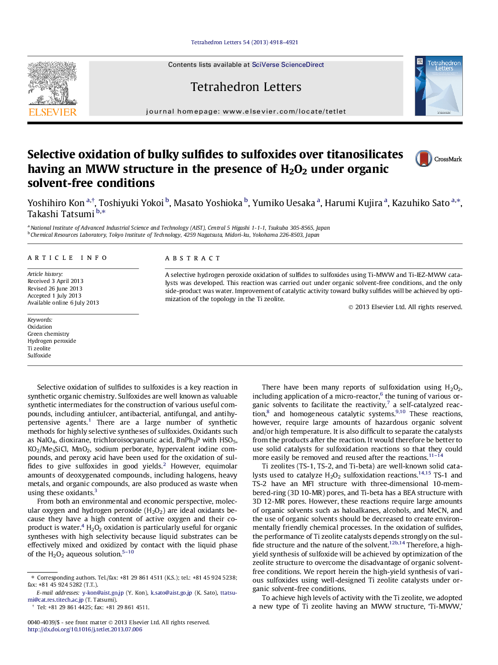 Selective oxidation of bulky sulfides to sulfoxides over titanosilicates having an MWW structure in the presence of H2O2 under organic solvent-free conditions