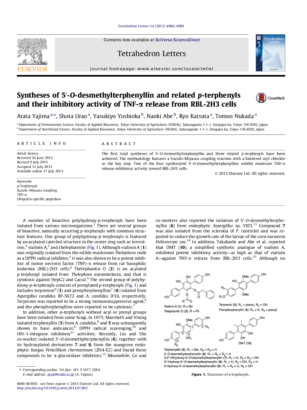 Syntheses of 5â²-O-desmethylterphenyllin and related p-terphenyls and their inhibitory activity of TNF-Î± release from RBL-2H3 cells